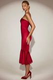 Satin Lace Trim Bandeau Fluted Midaxi Dress in True Red