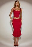 Lace Mid Rise Fluted Midi Skirt in True Red