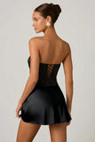 Embellished Draped Strapless A Line Mini Dress in Black