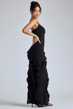 Panelled Ruffle Evening Gown in Black