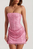 Embellished Draped Strapless A Line Mini Dress in Pink