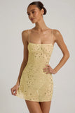 Sheer Embellished Square Neck Mini Dress in Yellow