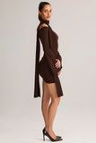 Knit Scarf Detail Off Shoulder Mini Dress in Chocolate Brown