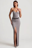 Pinstripe Low Rise Maxi Skirt in Grey