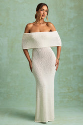 Bouclé Off Shoulder Maxi Dress in White