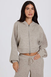 Soft Knit Zip Up Cropped Hoodie in Beige