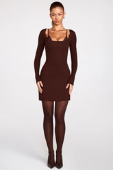 Ribbed Modal Long Sleeve Laced Bra Mini Dress in Chocolate Brown