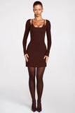 Ribbed Modal Long Sleeve Laced Bra Mini Dress in Chocolate Brown