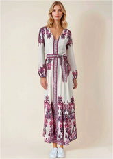 Tie Waist Linen Maxi Dress Pink Boho Paisley Border