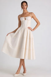Lace Trim Pintucked Poplin Midaxi Dress in Ivory