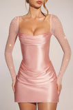 Embellished Long Sleeve Draped Mini Dress in Blush Pink