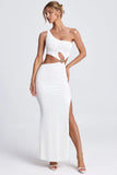Hardware Detail One Shoulder Maxi Dress in White