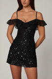 Embellished Lace Up A Line Mini Dress in Black