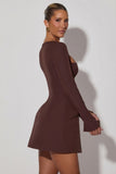 Square Neck Structured Tulip Mini Dress in Chocolate Brown