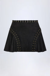 Lace Up Mid Rise Mini Skirt in Black