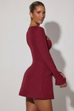 Square Neck Structured Tulip Mini Dress in Wine Red