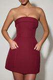 Foldover Neck Strapless Structured A Line Mini Dress in Wine Red