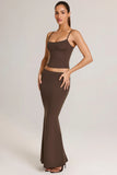 Modal Mid Rise Fishtail Maxi Skirt in Chocolate Brown