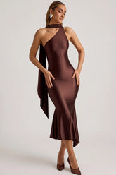 Asymmetric Scarf Detail Midaxi Dress in Chocolate Brown