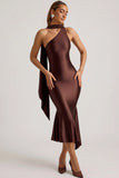 Asymmetric Scarf Detail Midaxi Dress in Chocolate Brown