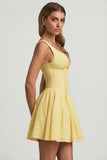 Broderie Anglaise Bow Detail A Line Mini Dress in Pastel Yellow