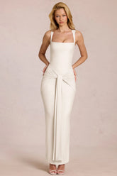 Square Neck Tie Gather Maxi Dress in Pearl