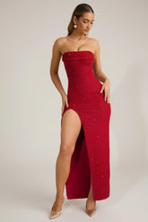 Embellished Strapless Cowl Neck Maxi Dress in True Red