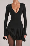 V Neck Ruffle Skirt Mini Dress in Black