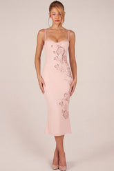 Embellished Peekaboo Fluted Hem Midaxi Dress in Pink