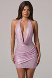Embellished Cowl Neck Low Back Mini Dress in Pink