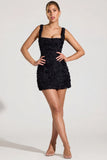 Floral Appliqué Square Neck Corset Mini Dress in Black