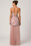 Embellished Convertible Lace Up Gown in Floral Pink