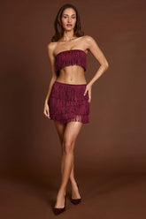 Fringed Mid Rise Mini Skirt in Wine Red