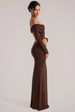 Off Shoulder Long Sleeve Maxi Dress in Chocolate Brown