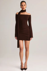 Knit Scarf Detail Off Shoulder Mini Dress in Chocolate Brown