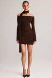 Knit Scarf Detail Off Shoulder Mini Dress in Chocolate Brown