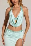Embellished Deep Plunge Halterneck Top in Aqua Blue