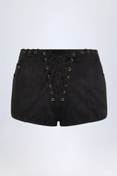 Lace Up Mid Rise Shorts in Black