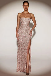 Embellished Bandeau Neck Strapless Gown in Rose Gold