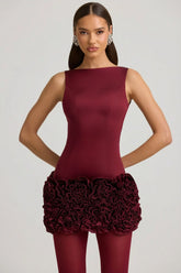 Satin Floral Appliqué Open Back Mini Dress in Wine Red