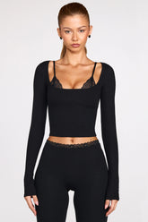 Ribbed Modal Long Sleeve Laced Bra Top in Black