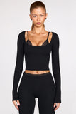 Ribbed Modal Long Sleeve Laced Bra Top in Black