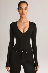Modal Plunge Long Sleeve Bodysuit in Black
