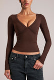 V Neck Long Sleeve Top in Chocolate Brown