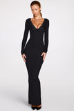 Ribbed Modal Long Sleeve Plunge Maxi Dress in Black