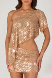 Embellished One Shoulder Asymmetric Top in Gold