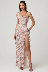Asymmetric Ruffled Lace Up Gown in Primrose Floral Print