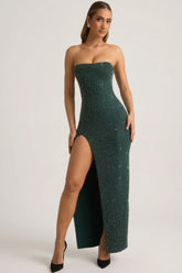 Embellished Strapless Cowl Neck Maxi Dress in Emerald Green