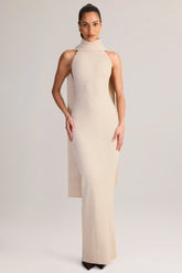 Rib Knit Scarf Detail Halterneck Maxi Dress in Cream