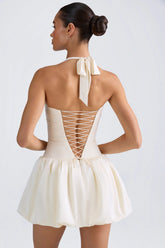Halterneck Lace Up Bubble Hem Corset Micro Mini Dress in Ivory